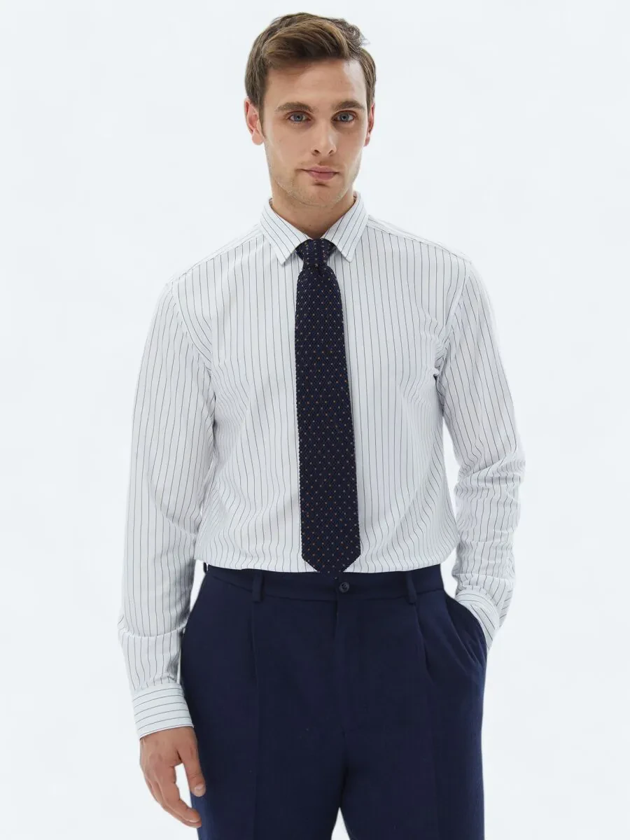 Navy Blue Striped Regular Fit Knitting Casual Cotton Blended Shirt - 6