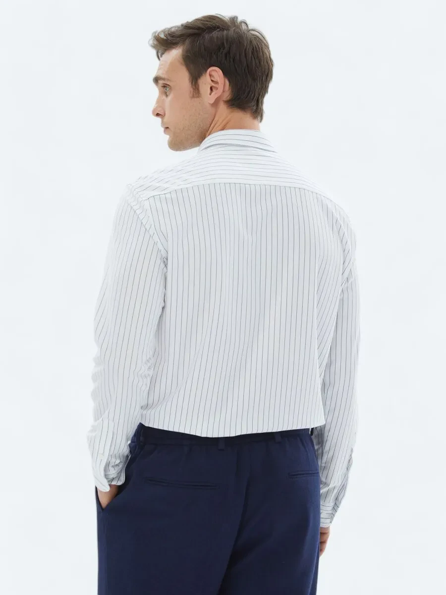 Navy Blue Striped Regular Fit Knitting Casual Cotton Blended Shirt - 7
