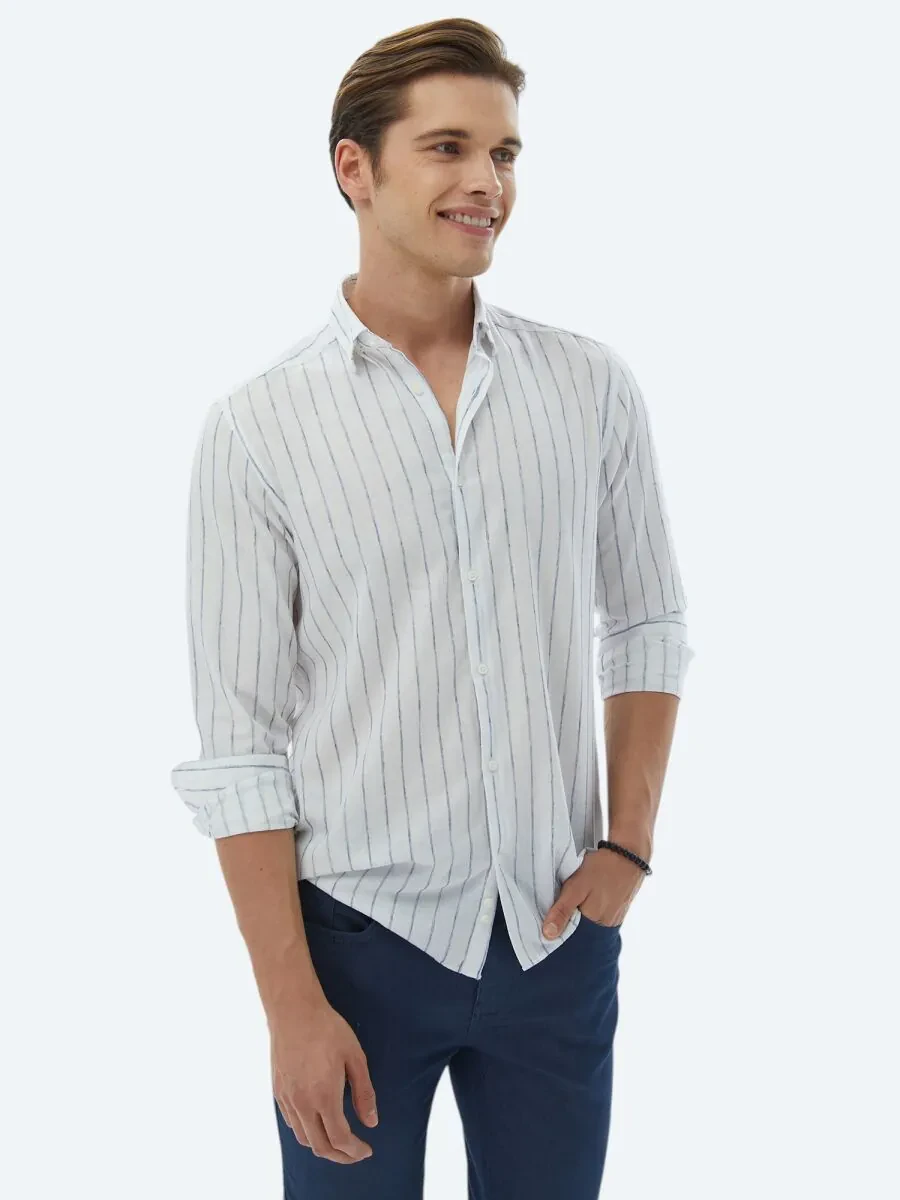 Navy Blue Striped Regular Fit Weaving Casual Cotton Blended Shirt - 1