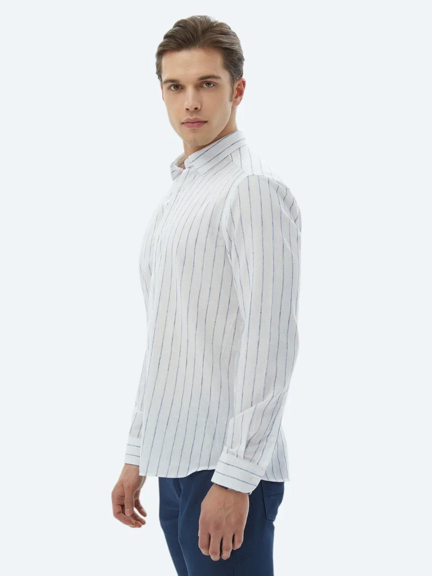 Navy Blue Striped Regular Fit Weaving Casual Cotton Blended Shirt - 2