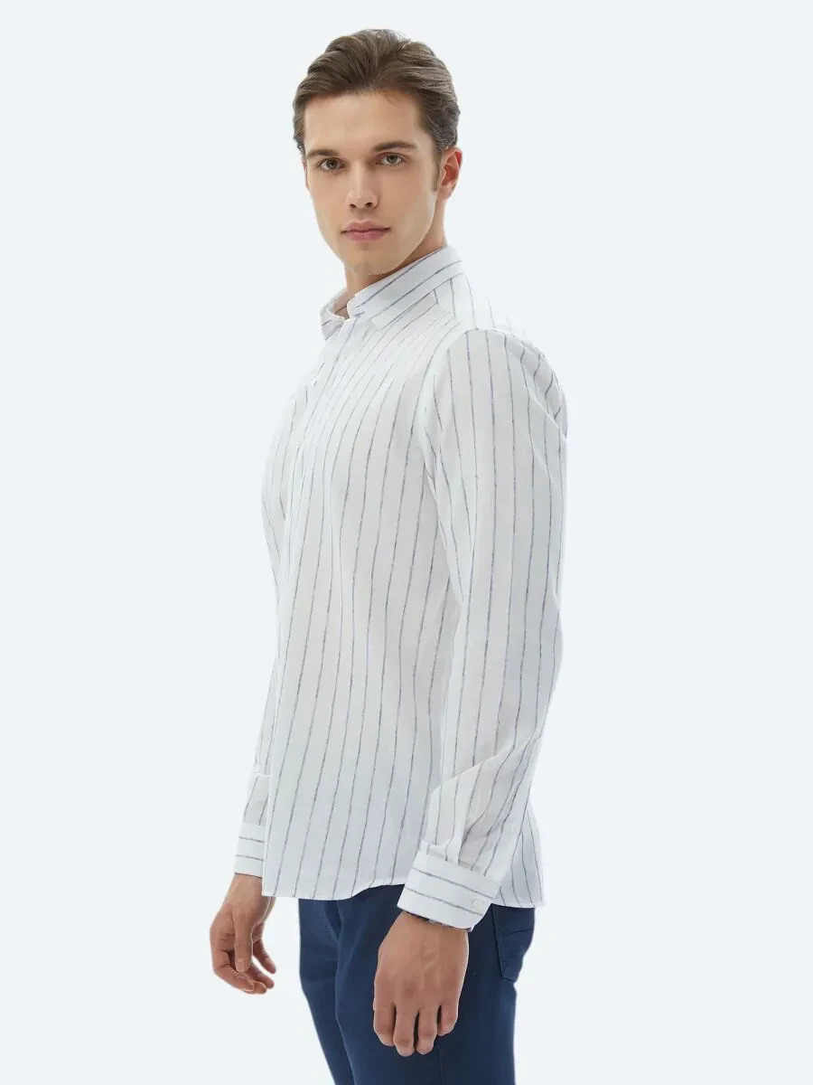 Navy Blue Striped Regular Fit Weaving Casual Cotton Blended Shirt - 2