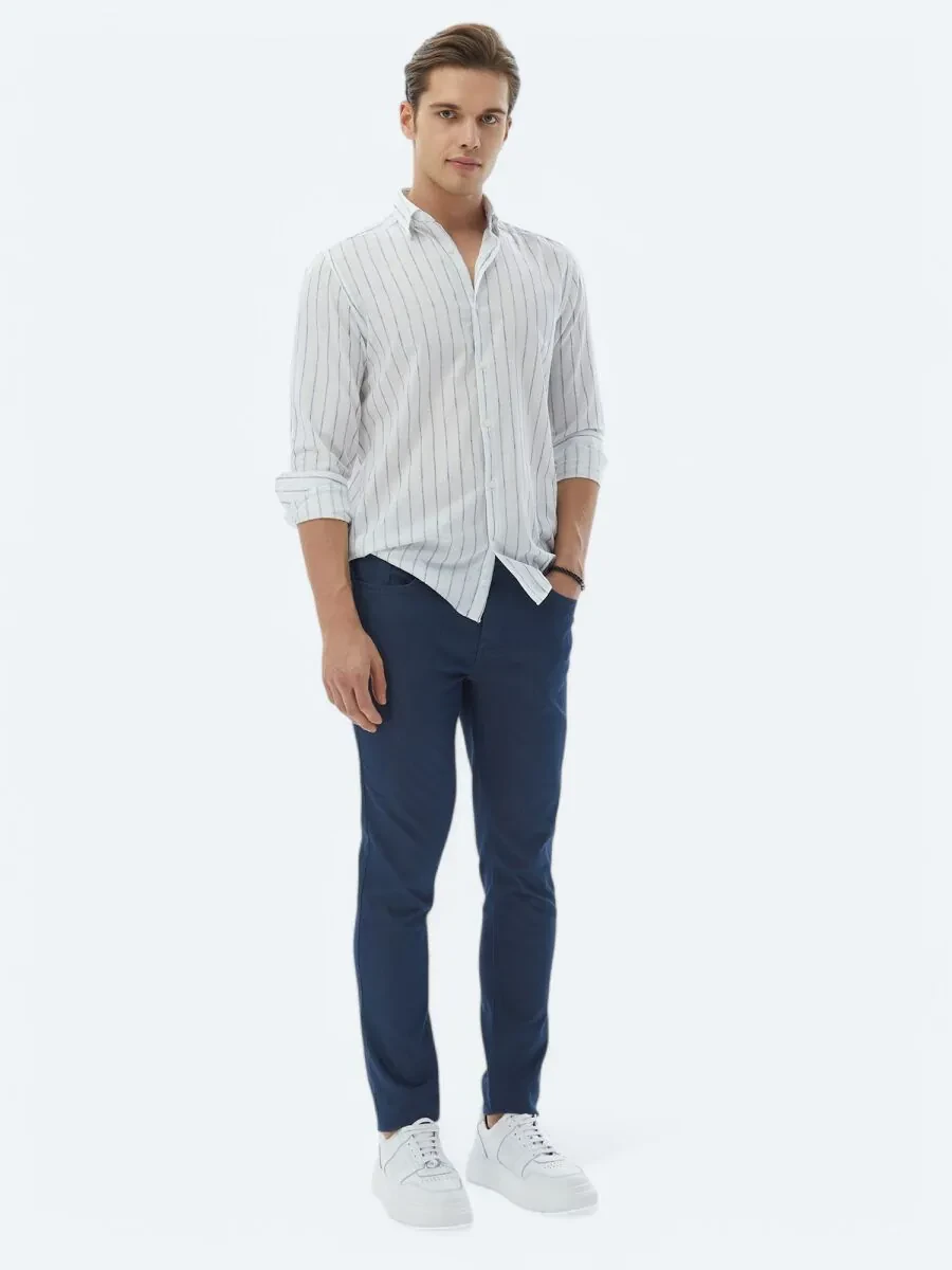 Navy Blue Striped Regular Fit Weaving Casual Cotton Blended Shirt - 3