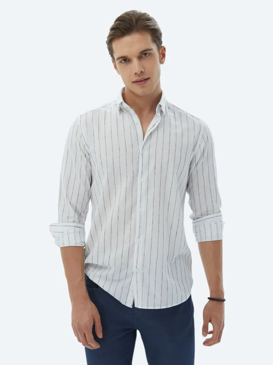 Navy Blue Striped Regular Fit Weaving Casual Cotton Blended Shirt - 4