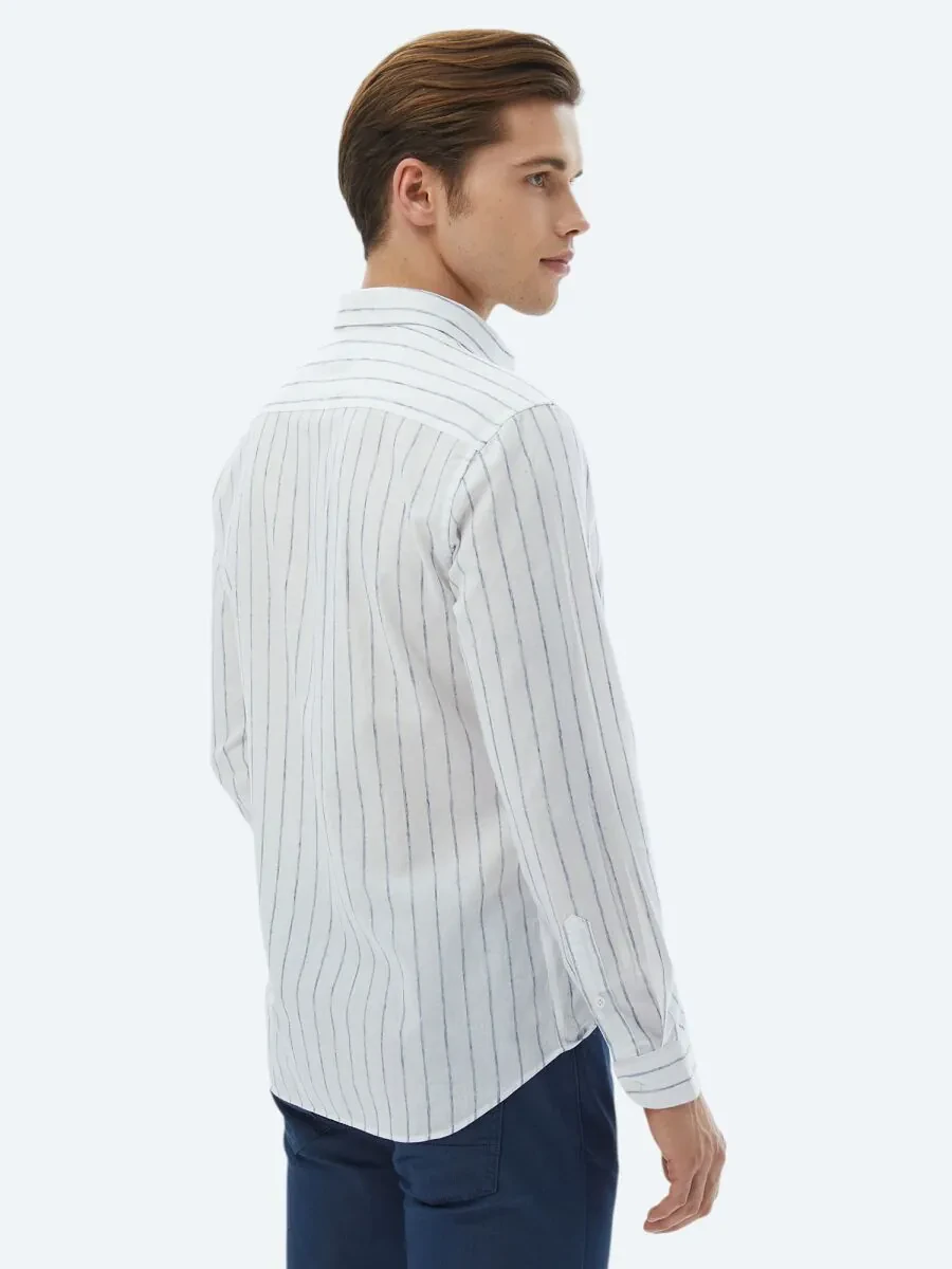 Navy Blue Striped Regular Fit Weaving Casual Cotton Blended Shirt - 5