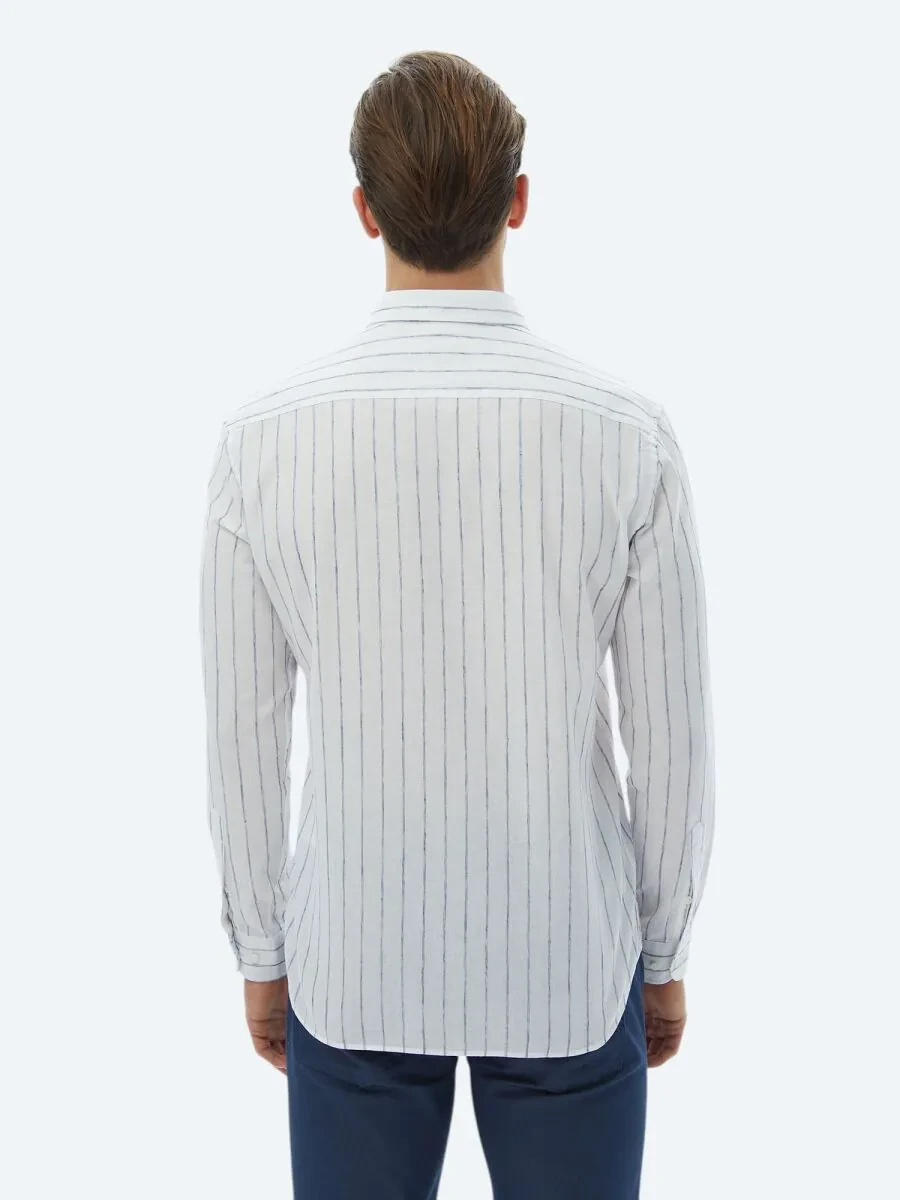 Navy Blue Striped Regular Fit Weaving Casual Cotton Blended Shirt - 6