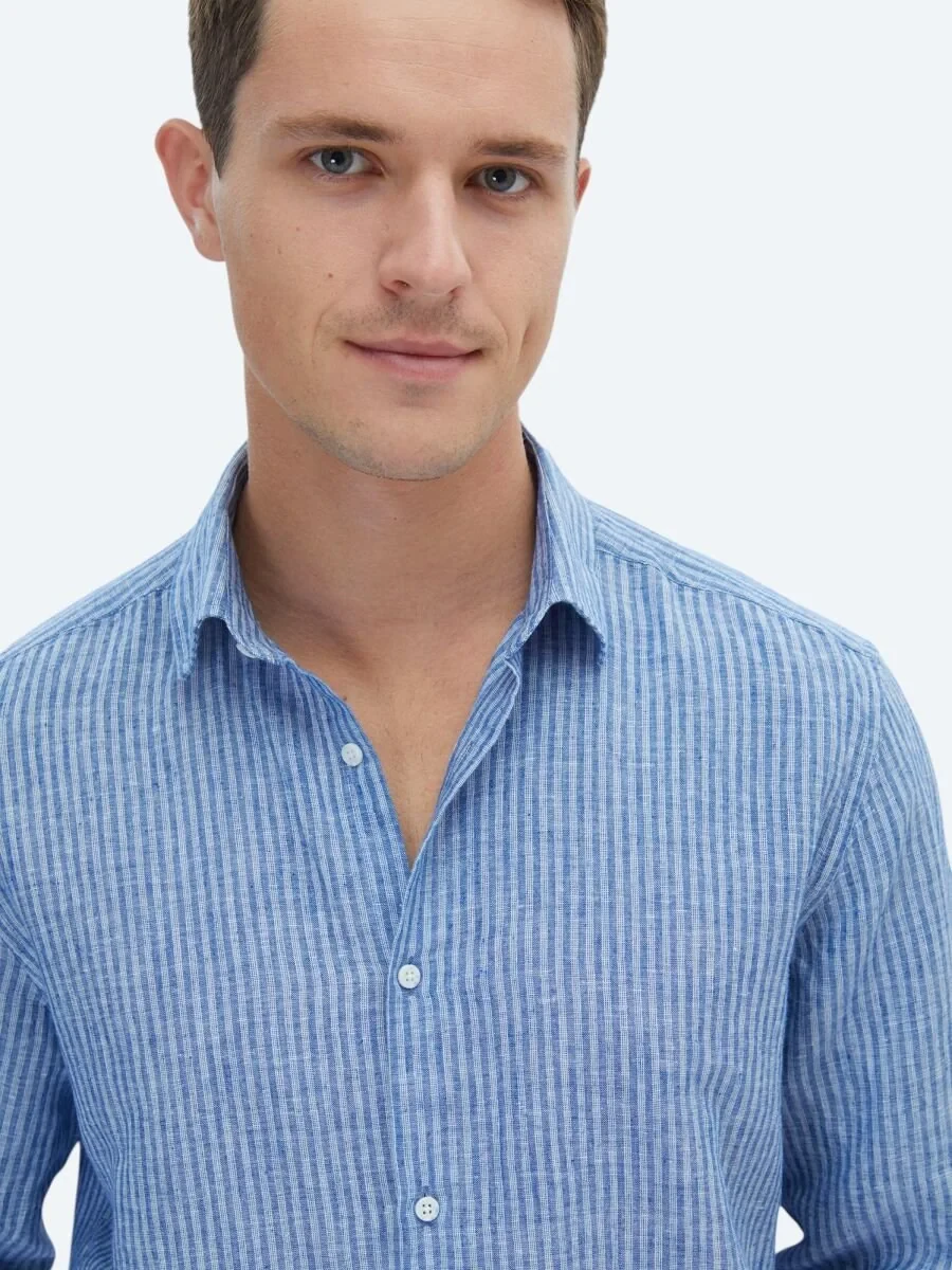 Navy Blue Striped Regular Fit Weaving Casual Cotton Blended Shirt - 4