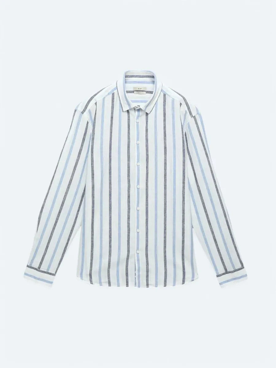 Navy Blue Striped Regular Fit Weaving Casual Cotton Blended Shirt - 1