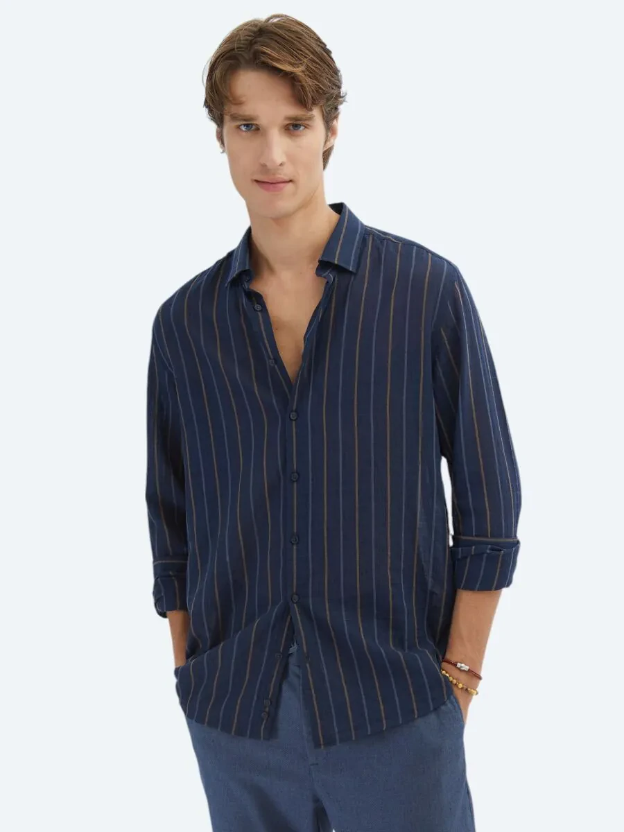 Navy Blue Striped Regular Fit Weaving Casual Cotton Blended Shirt - 1
