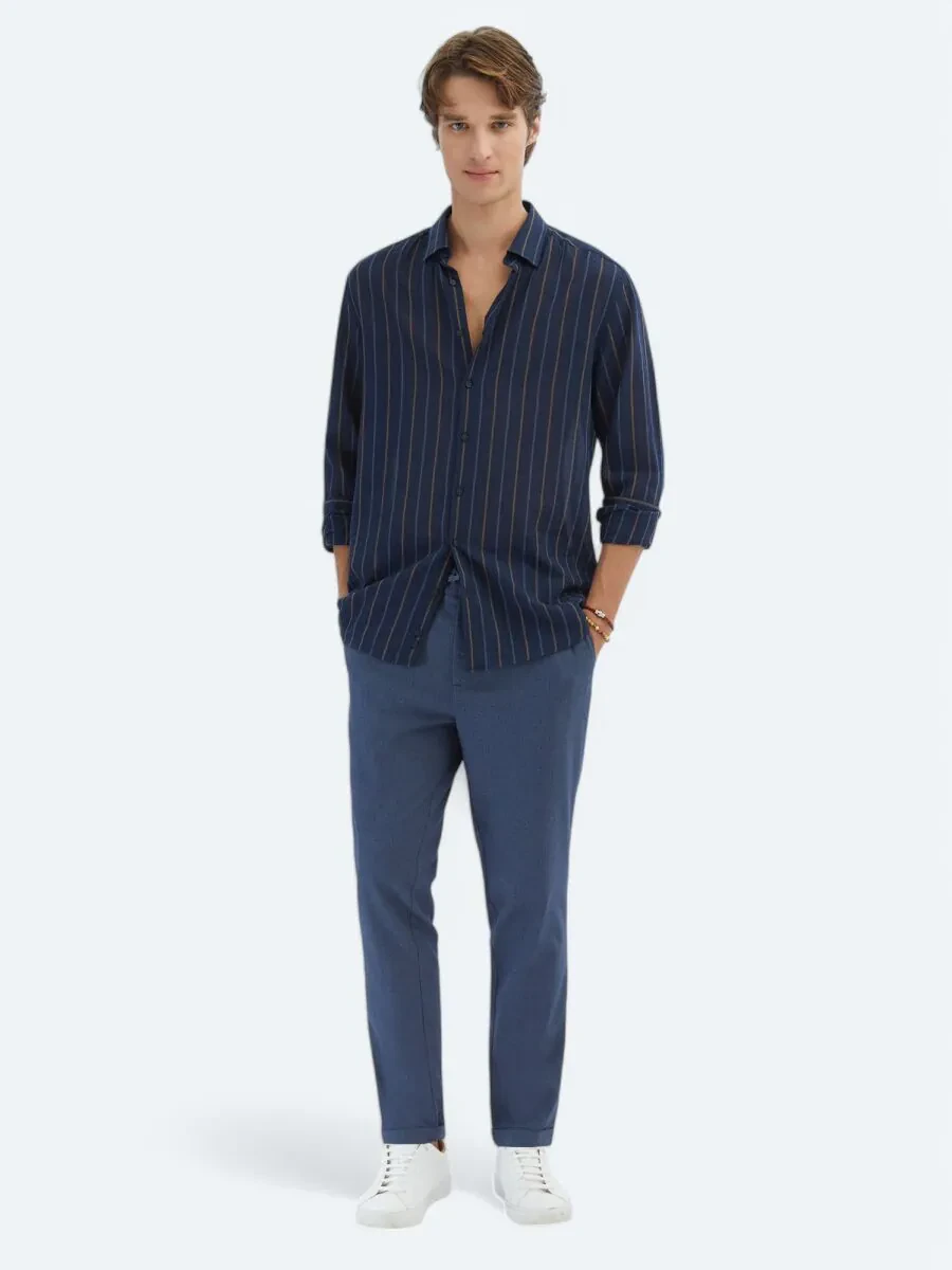 Navy Blue Striped Regular Fit Weaving Casual Cotton Blended Shirt - 2