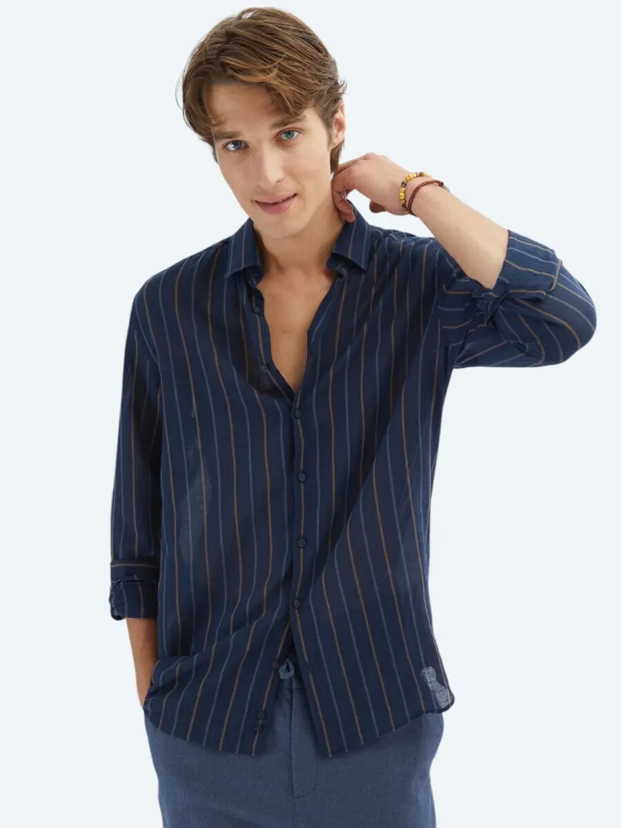 Navy Blue Striped Regular Fit Weaving Casual Cotton Blended Shirt - 3