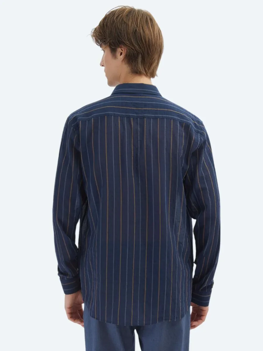Navy Blue Striped Regular Fit Weaving Casual Cotton Blended Shirt - 5