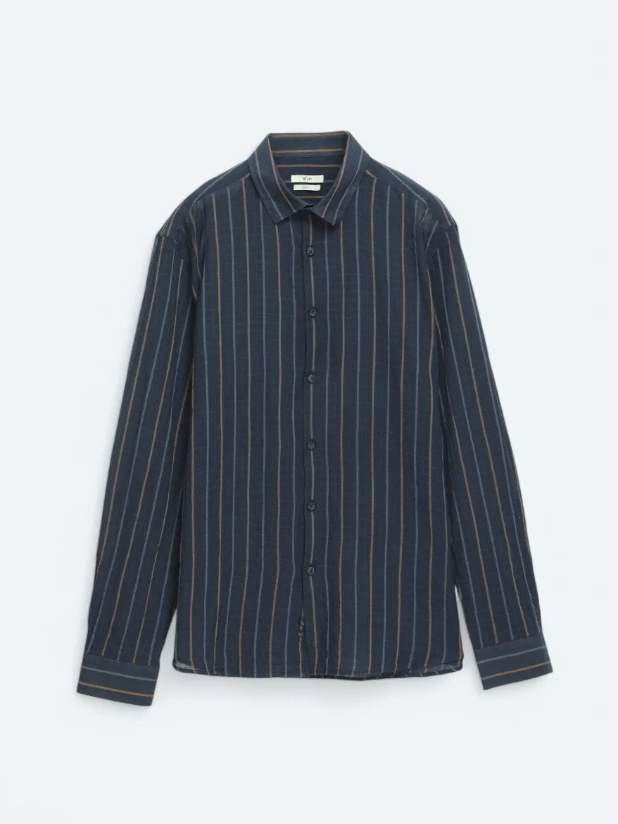 Navy Blue Striped Regular Fit Weaving Casual Cotton Blended Shirt - 6