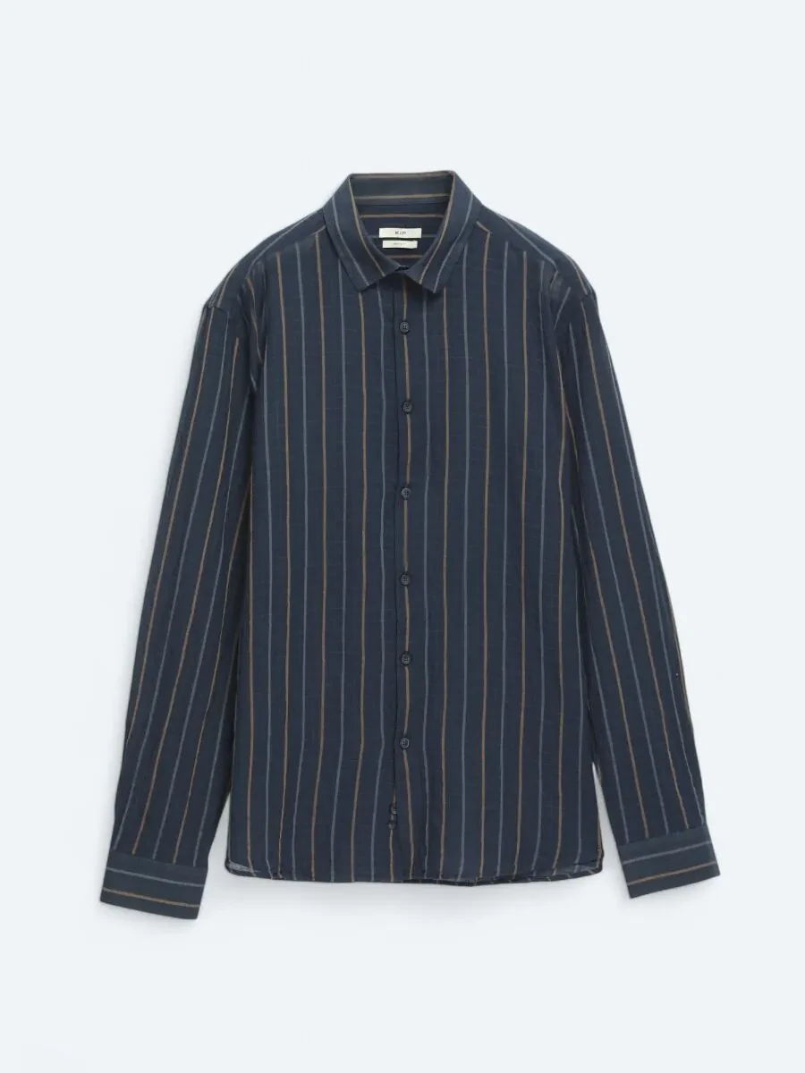 Navy Blue Striped Regular Fit Weaving Casual Cotton Blended Shirt - 6