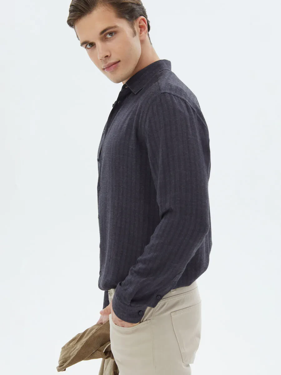 Navy Blue Striped Regular Fit Weaving Casual Shirt - 5