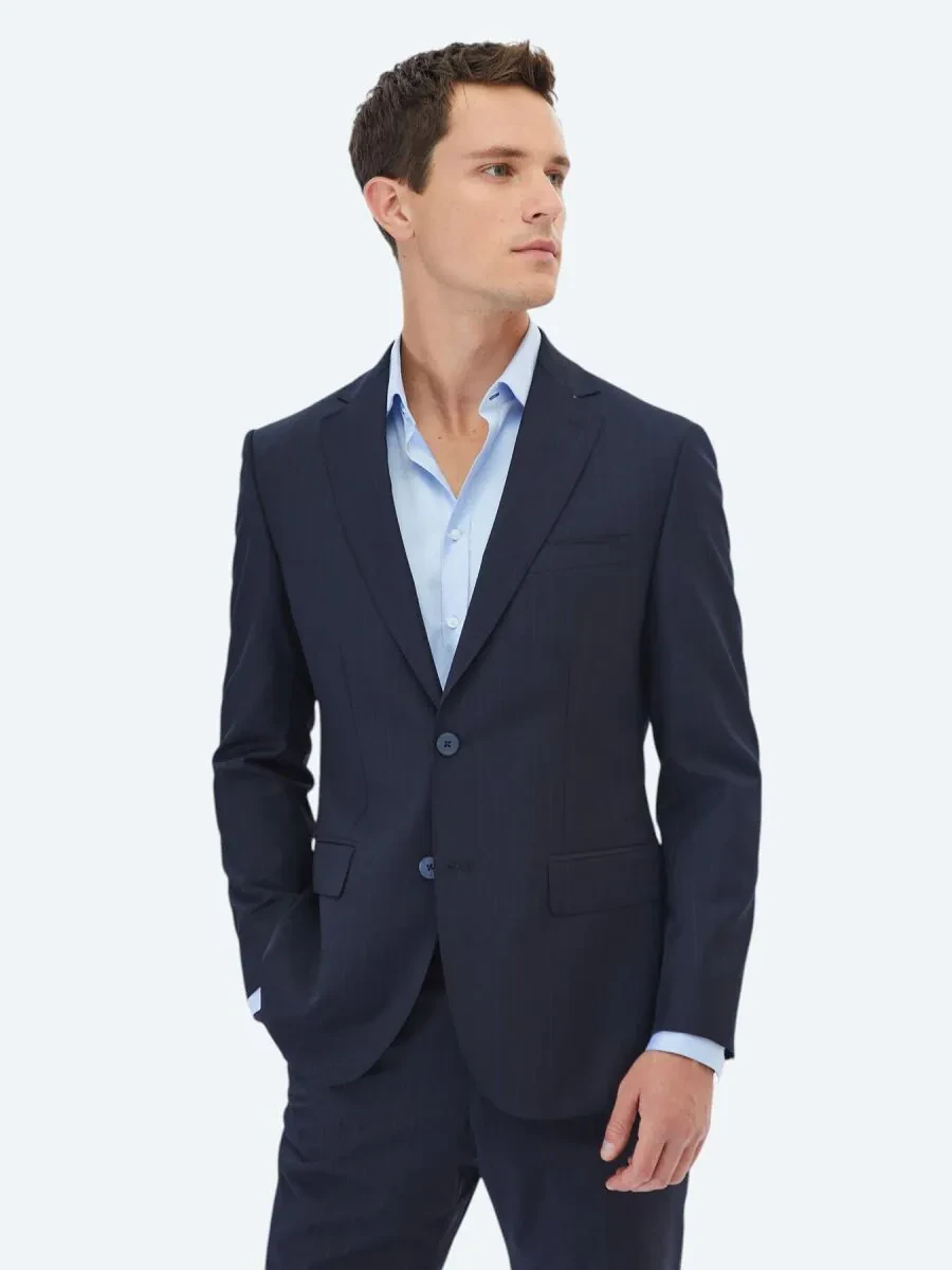 Navy Blue Striped Regular Fit Wool Blended Suit - 1
