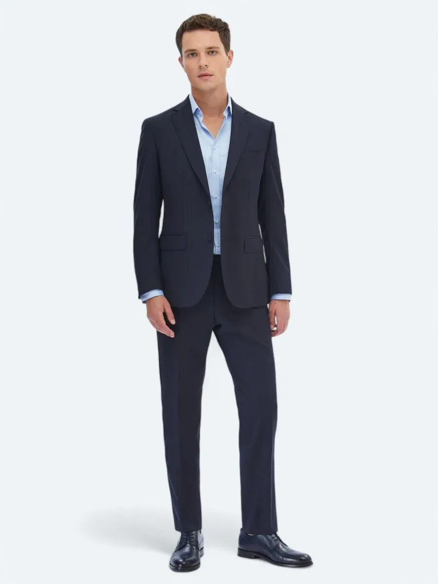 Navy Blue Striped Regular Fit Wool Blended Suit - 2