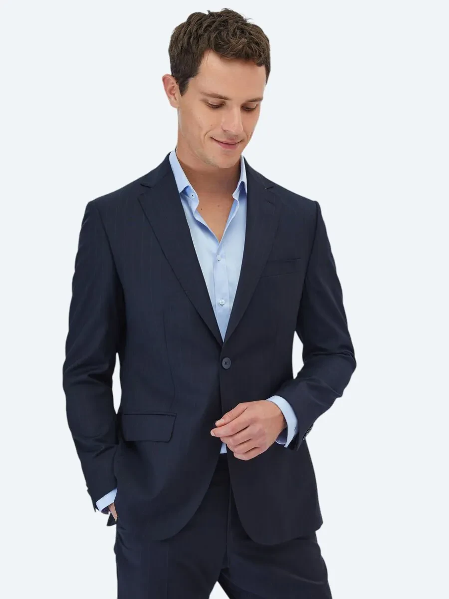 Navy Blue Striped Regular Fit Wool Blended Suit - 4