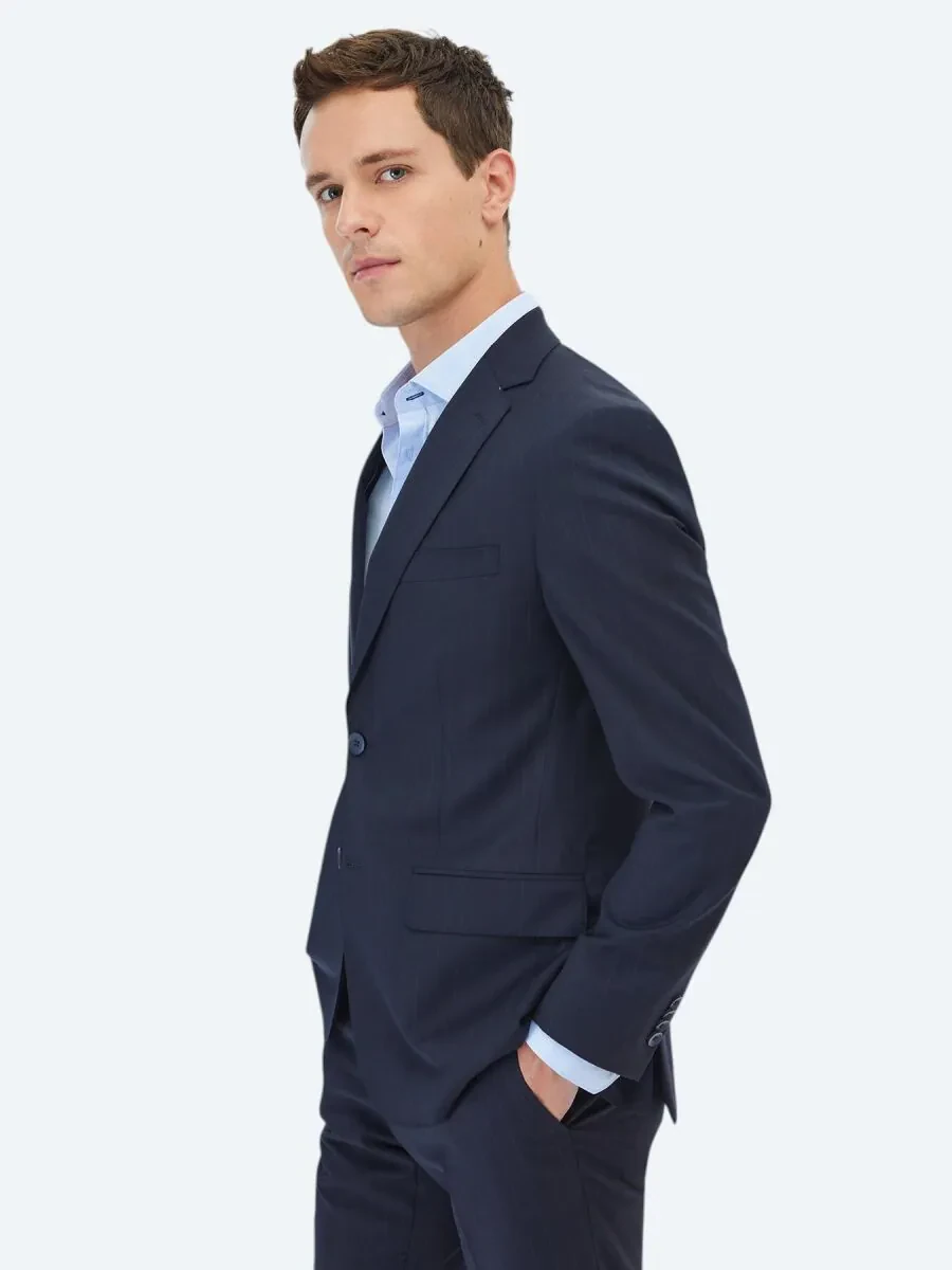 Navy Blue Striped Regular Fit Wool Blended Suit - 5