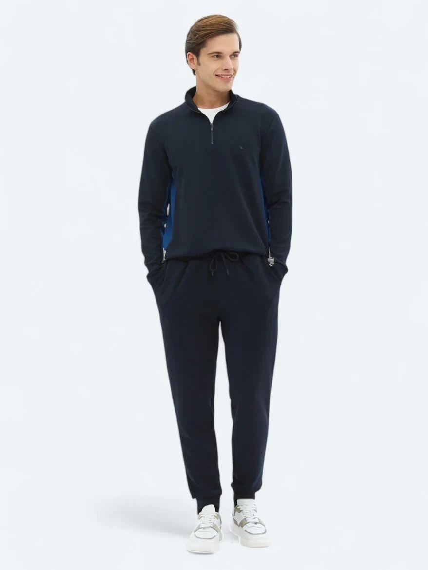 Navy Blue Turtleneck Plain Sweatshirt - 2