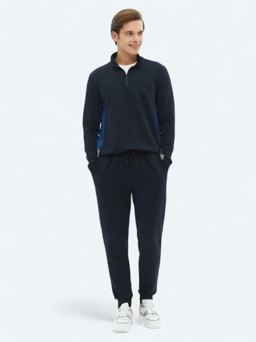 Navy Blue Turtleneck Plain Sweatshirt - 2