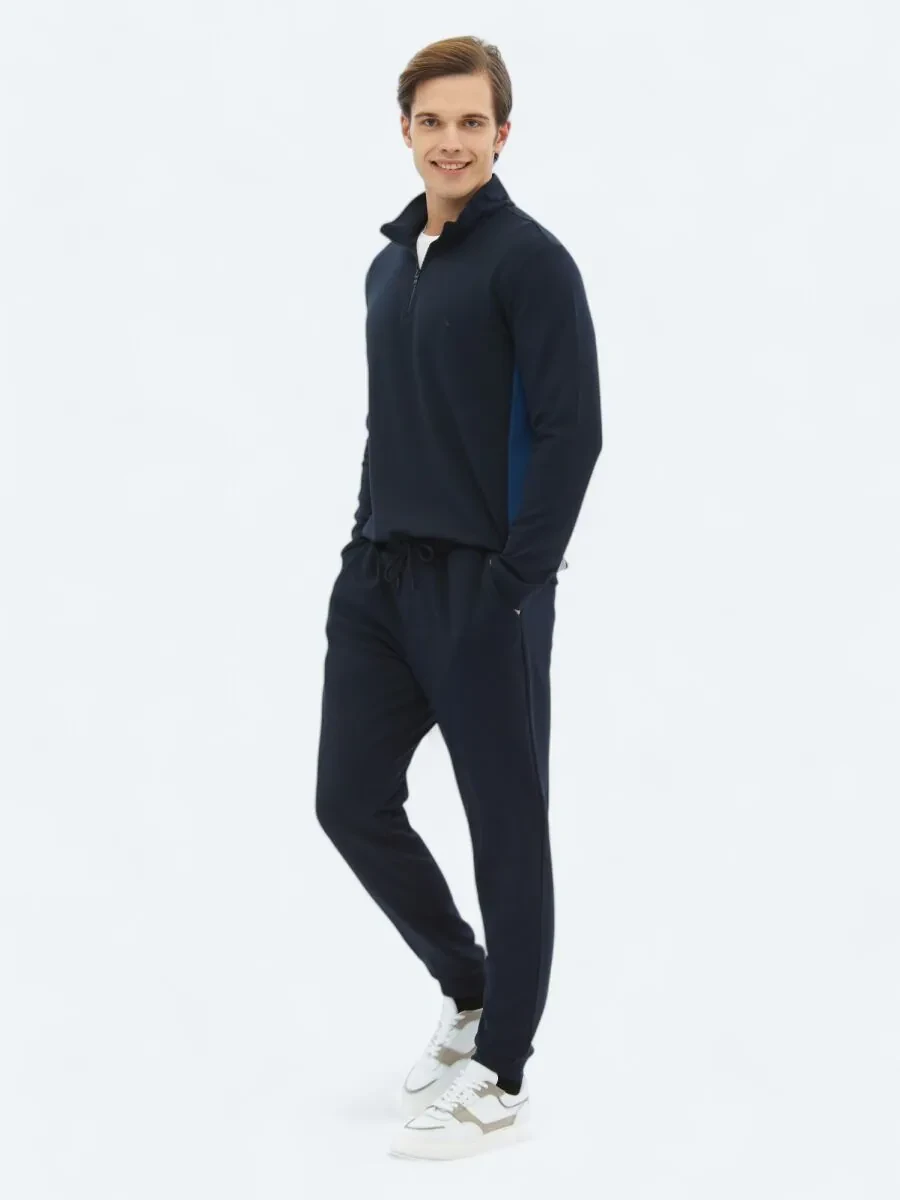 Navy Blue Turtleneck Plain Sweatshirt - 3
