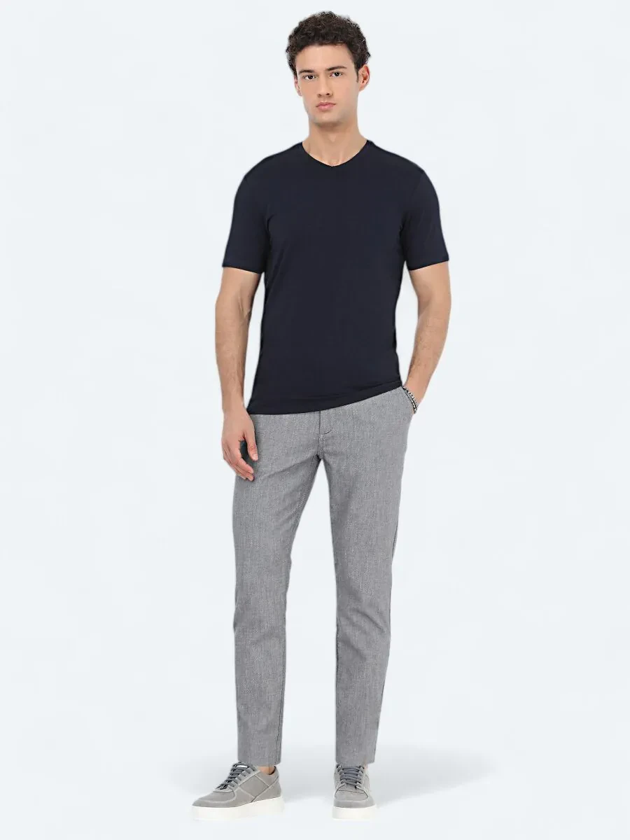 Navy Blue V-Neck Cotton Blended T-Shirt - 3