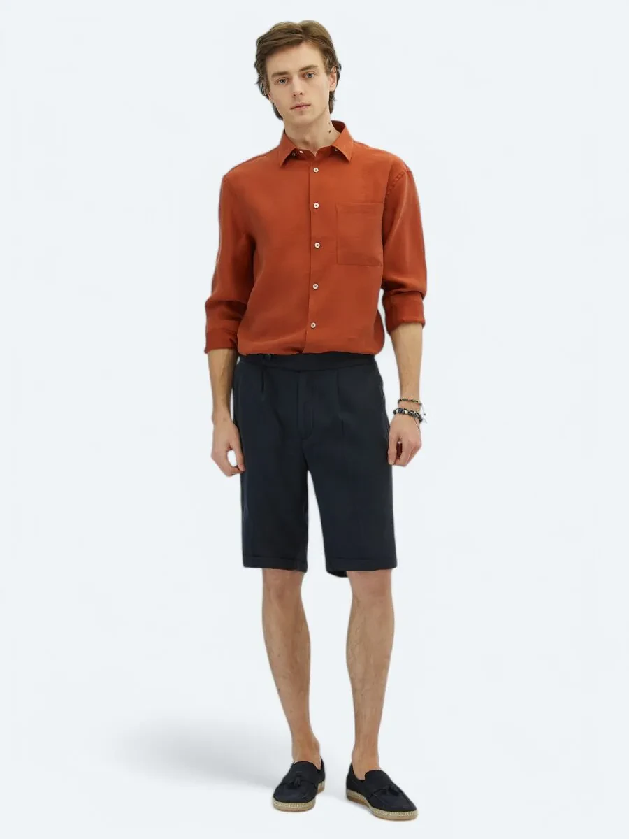 Navy Blue Weaving Carrot Fit Casual Bermuda - 1