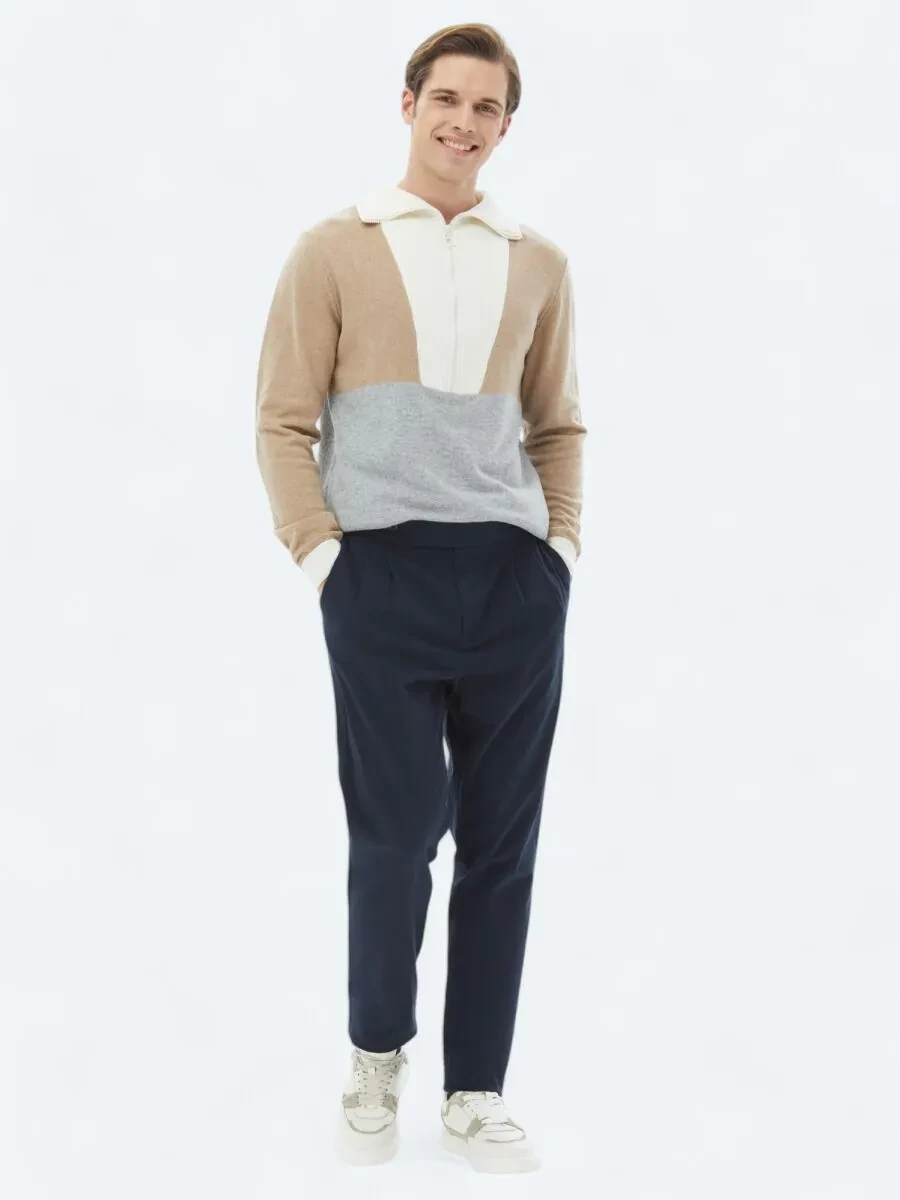 Navy Blue Weaving Carrot Fit Casual Cotton Blended Trousers - 3