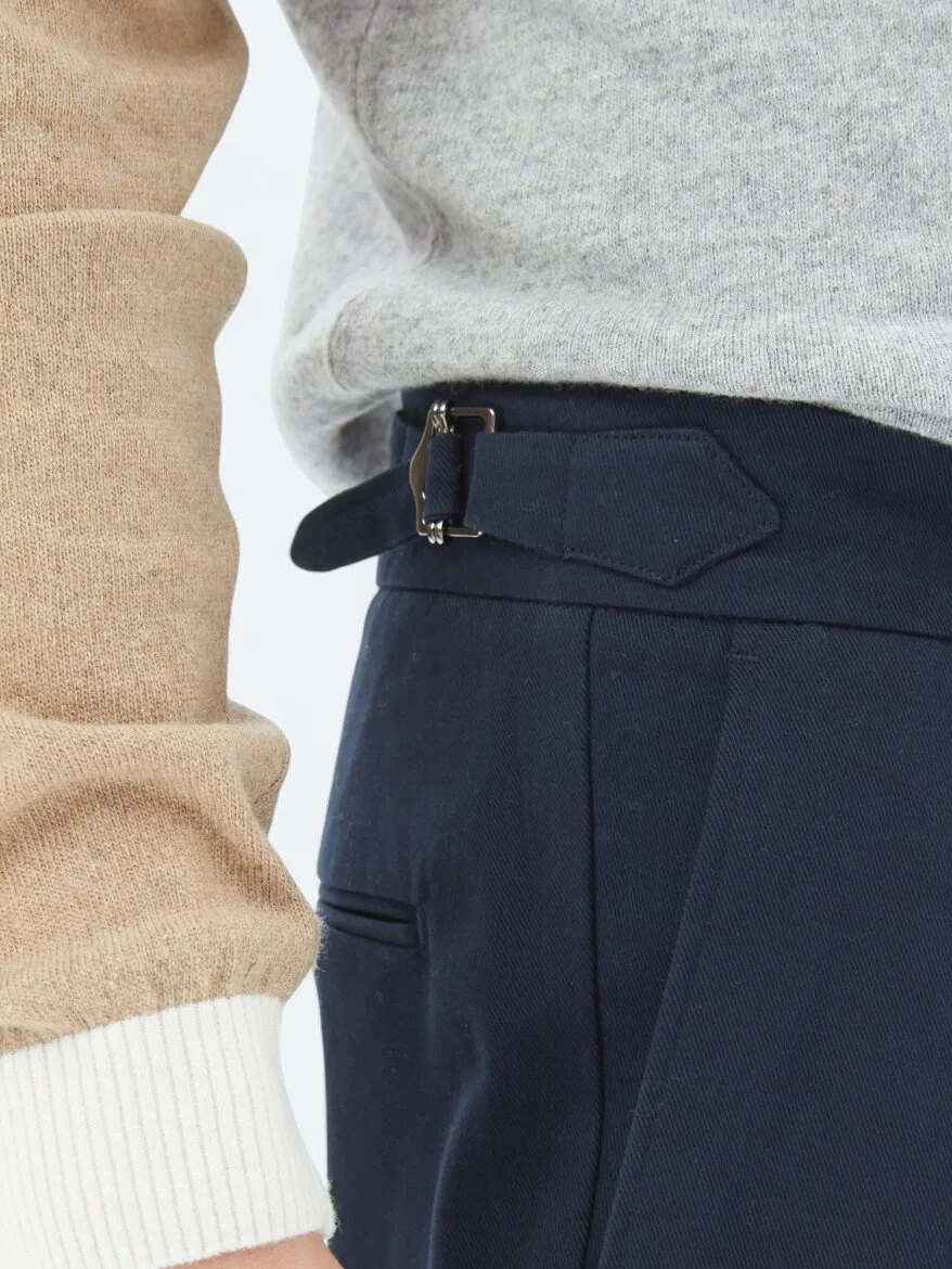 Navy Blue Weaving Carrot Fit Casual Cotton Blended Trousers - 4