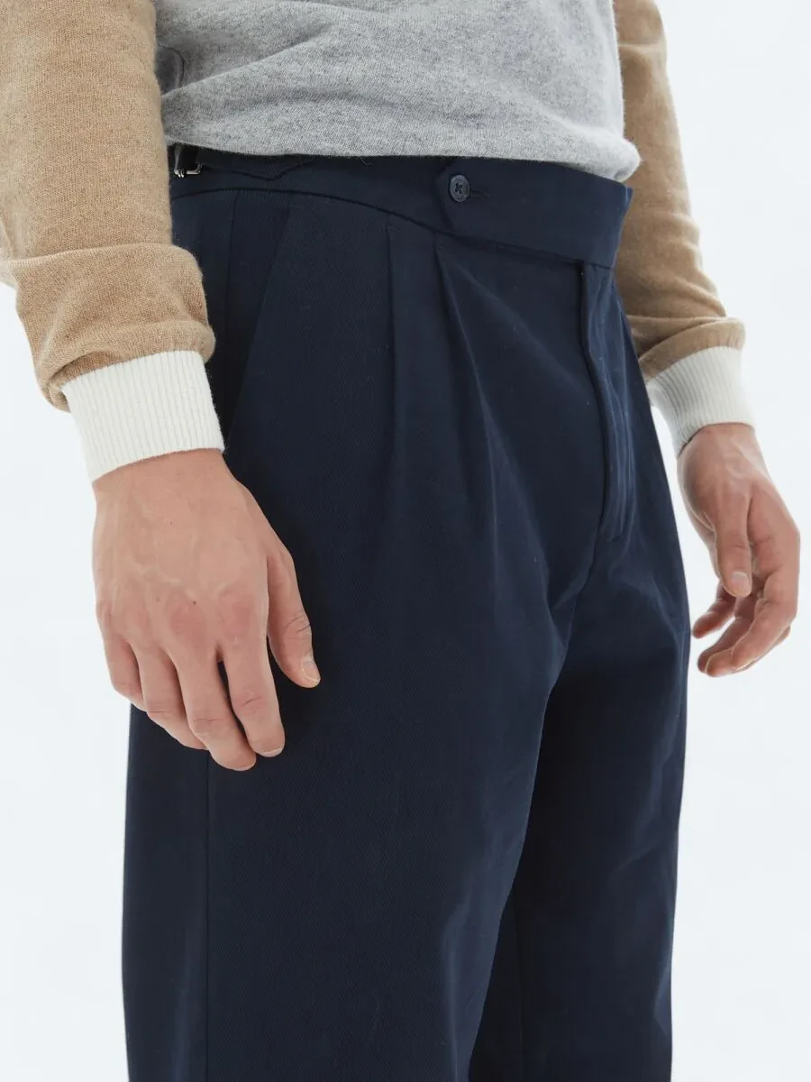 Navy Blue Weaving Carrot Fit Casual Cotton Blended Trousers - 5