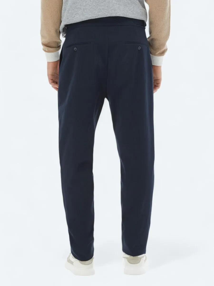 Navy Blue Weaving Carrot Fit Casual Cotton Blended Trousers - 6