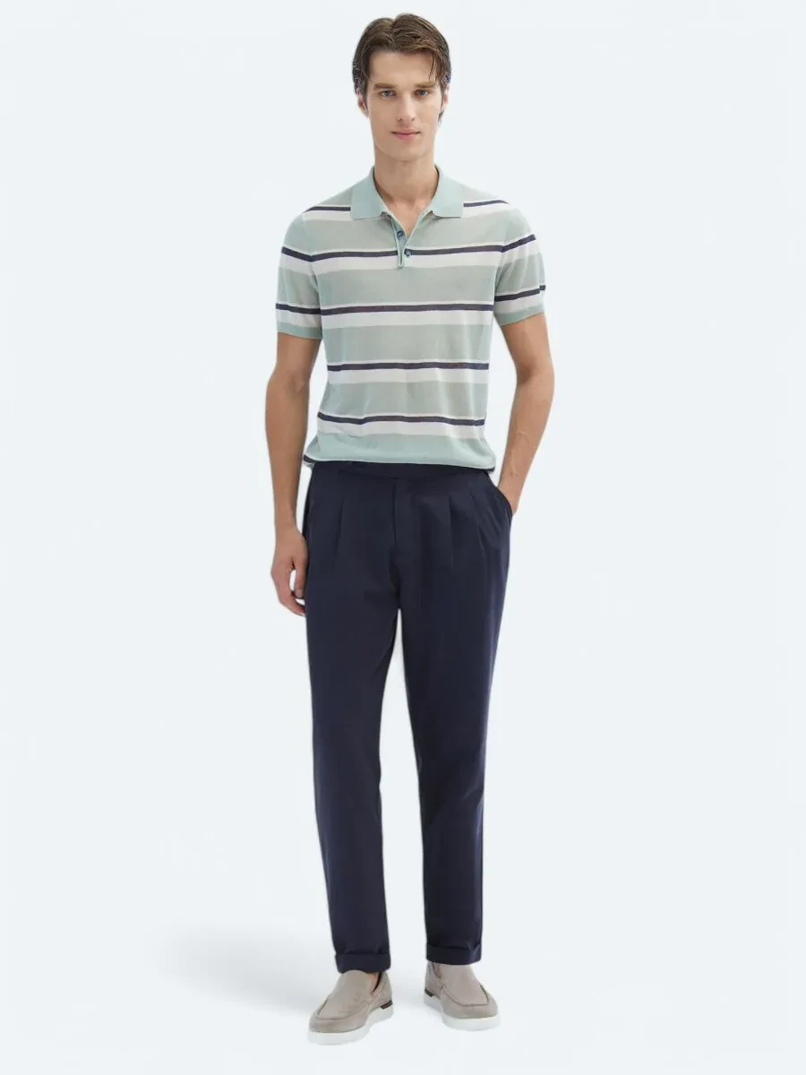 Navy Blue Weaving Carrot Fit Casual Cotton Blended Trousers - 1