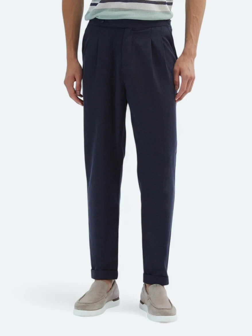 Navy Blue Weaving Carrot Fit Casual Cotton Blended Trousers - 2
