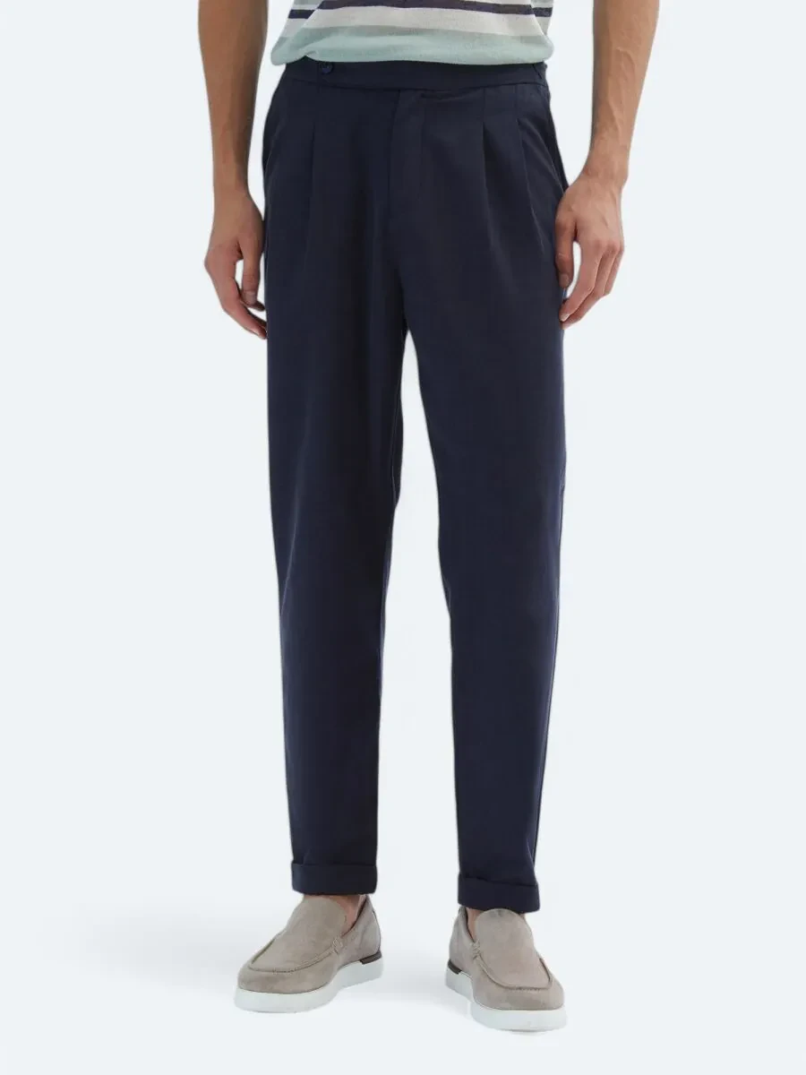 Navy Blue Weaving Carrot Fit Casual Cotton Blended Trousers - 2