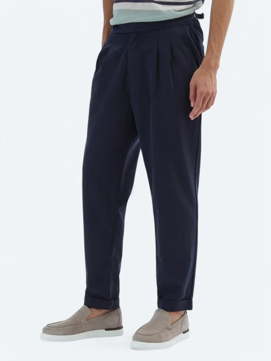 Navy Blue Weaving Carrot Fit Casual Cotton Blended Trousers - 3