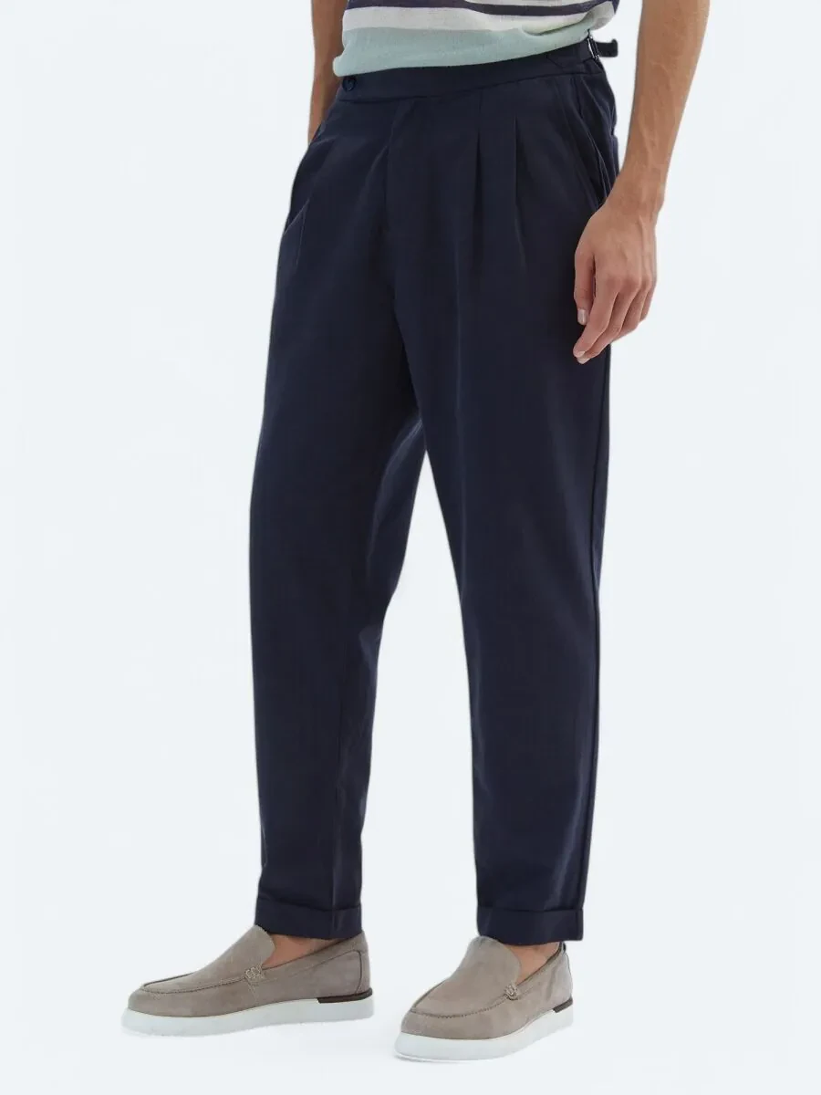 Navy Blue Weaving Carrot Fit Casual Cotton Blended Trousers - 3