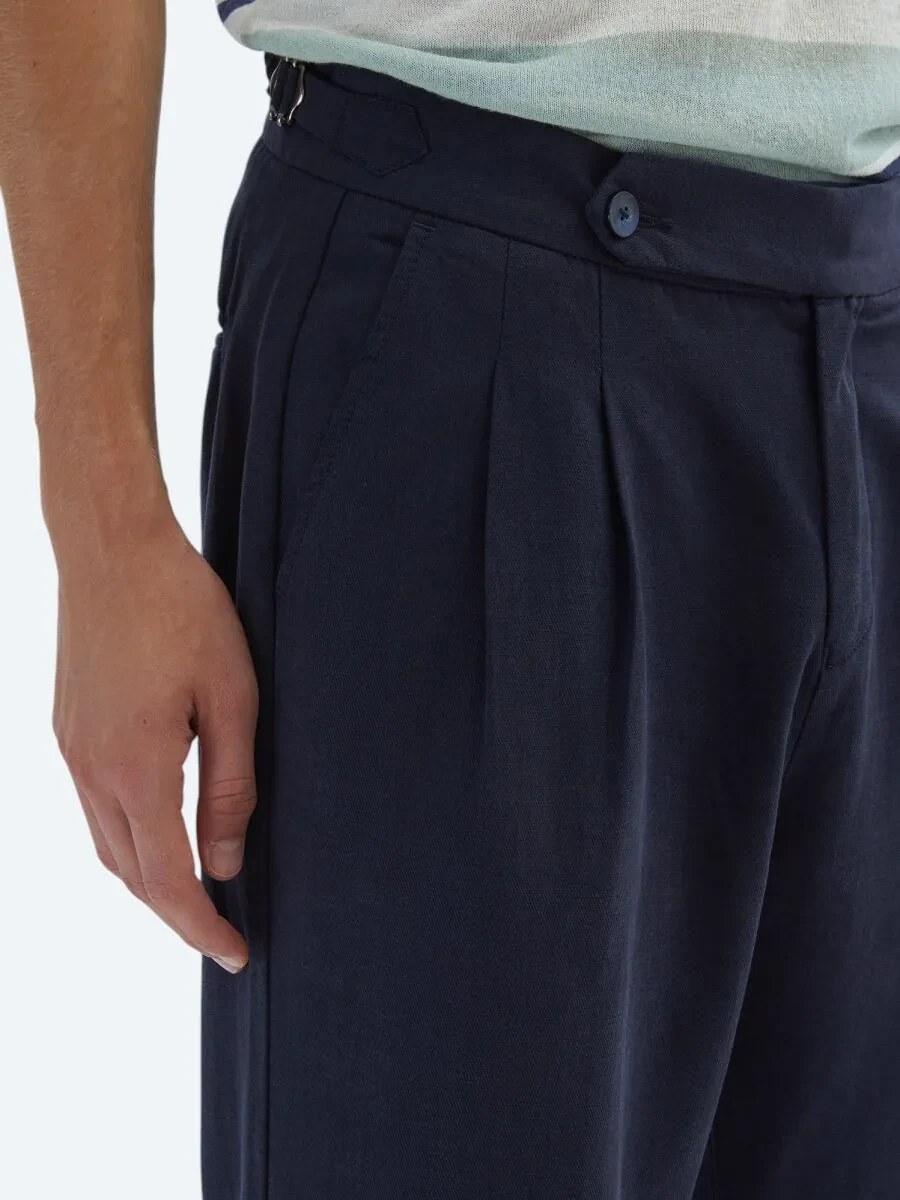 Navy Blue Weaving Carrot Fit Casual Cotton Blended Trousers - 4