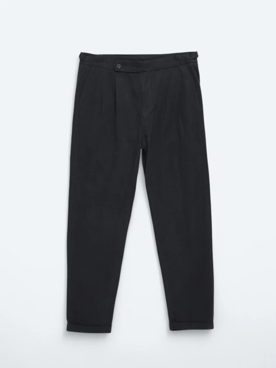 Navy Blue Weaving Carrot Fit Casual Cotton Blended Trousers - 6