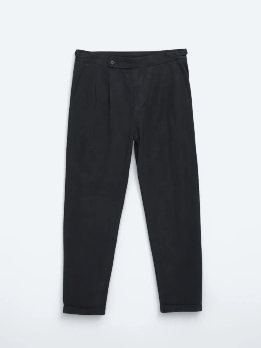 Navy Blue Weaving Carrot Fit Casual Cotton Blended Trousers - 6