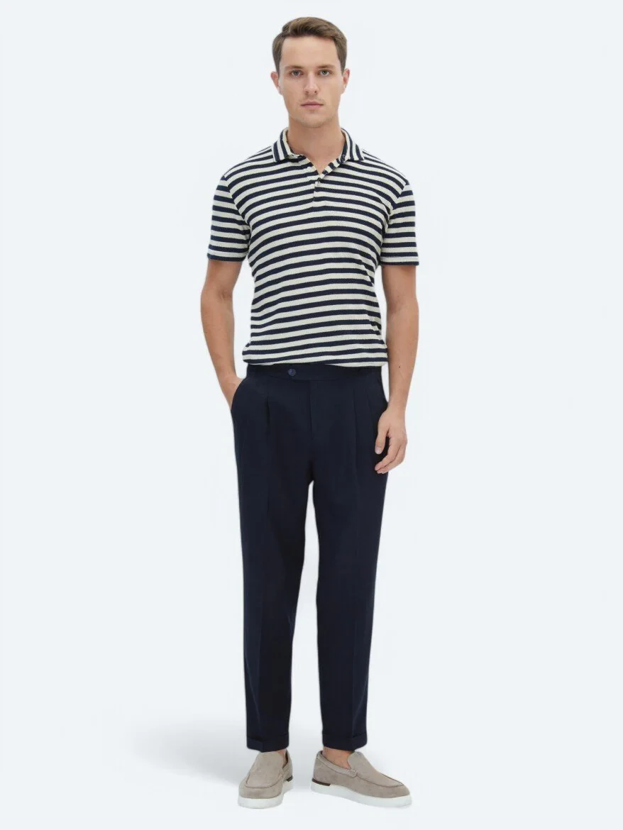 Navy Blue Weaving Carrot Fit Casual Trousers - 1