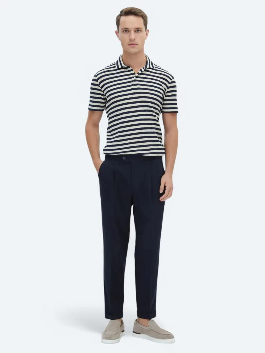 Navy Blue Weaving Carrot Fit Casual Trousers - 1