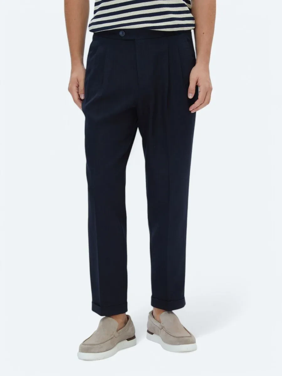 Navy Blue Weaving Carrot Fit Casual Trousers - 2