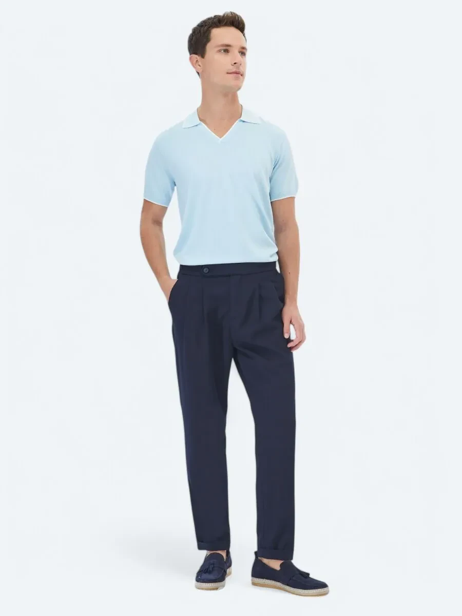 Navy Blue Weaving Carrot Fit Smart Casual Trousers - 1