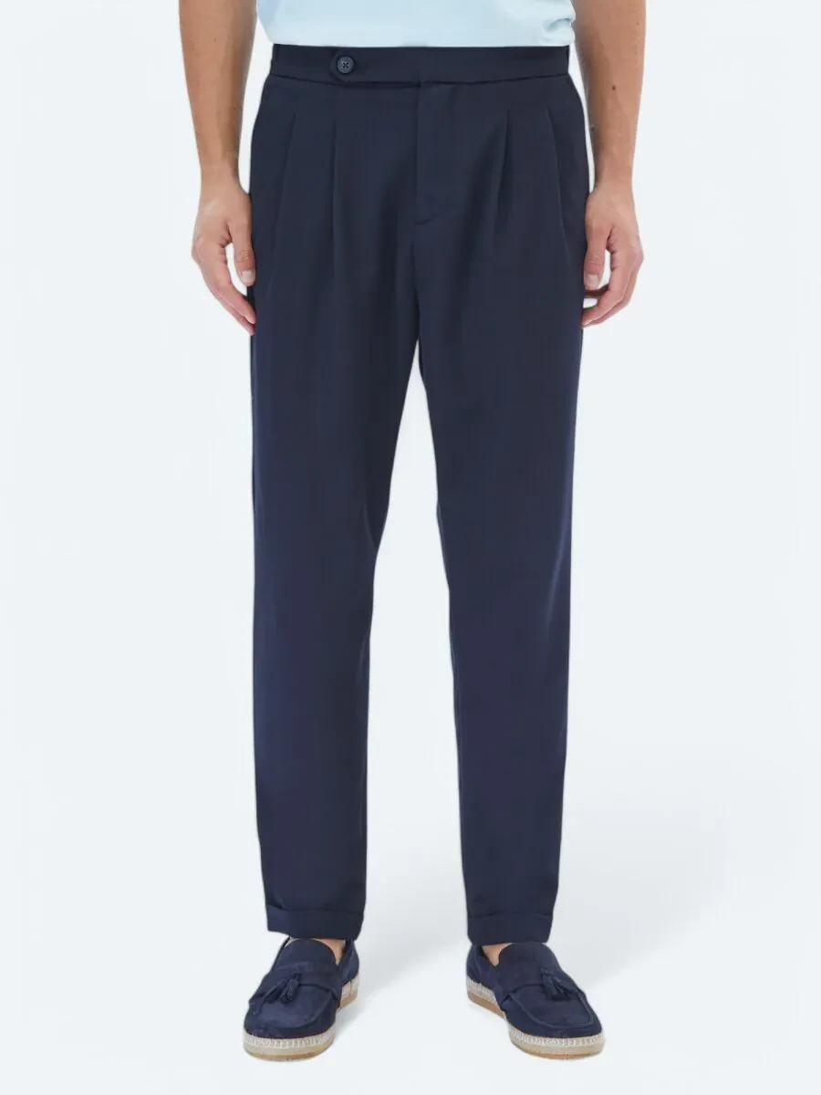Navy Blue Weaving Carrot Fit Smart Casual Trousers - 2