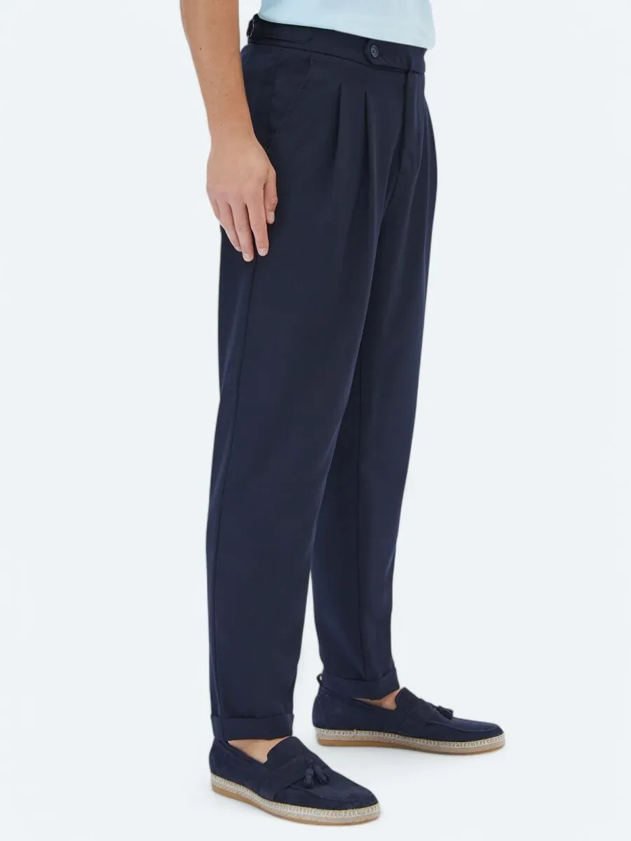 Navy Blue Weaving Carrot Fit Smart Casual Trousers - 3