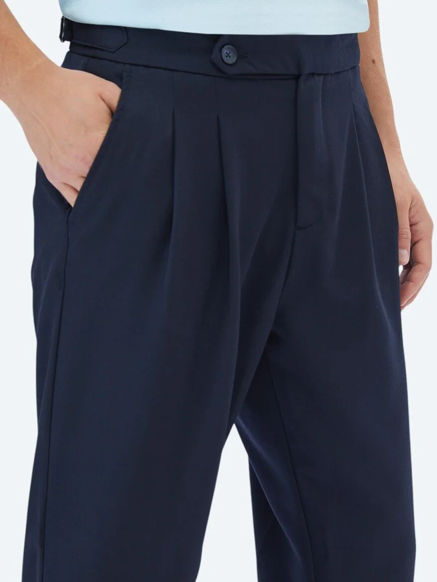 Navy Blue Weaving Carrot Fit Smart Casual Trousers 