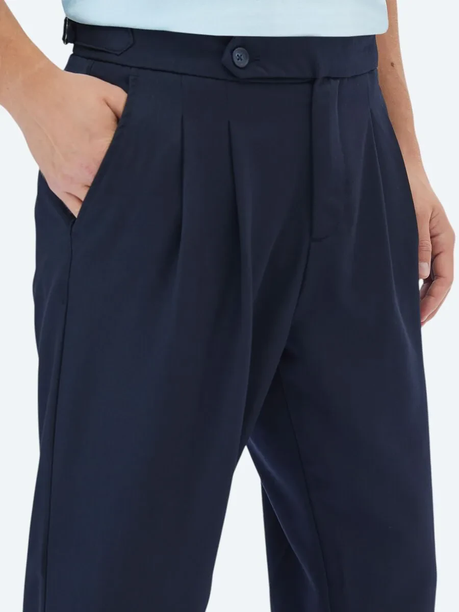 Navy Blue Weaving Carrot Fit Smart Casual Trousers - 4