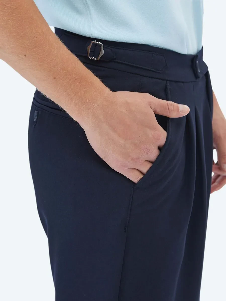 Navy Blue Weaving Carrot Fit Smart Casual Trousers - 5