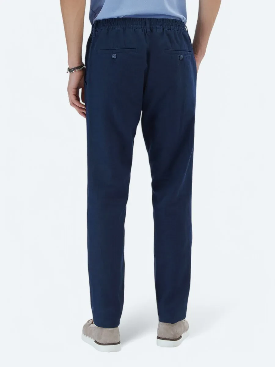 Navy Blue Weaving Casual Cotton Blended Trousers - 4