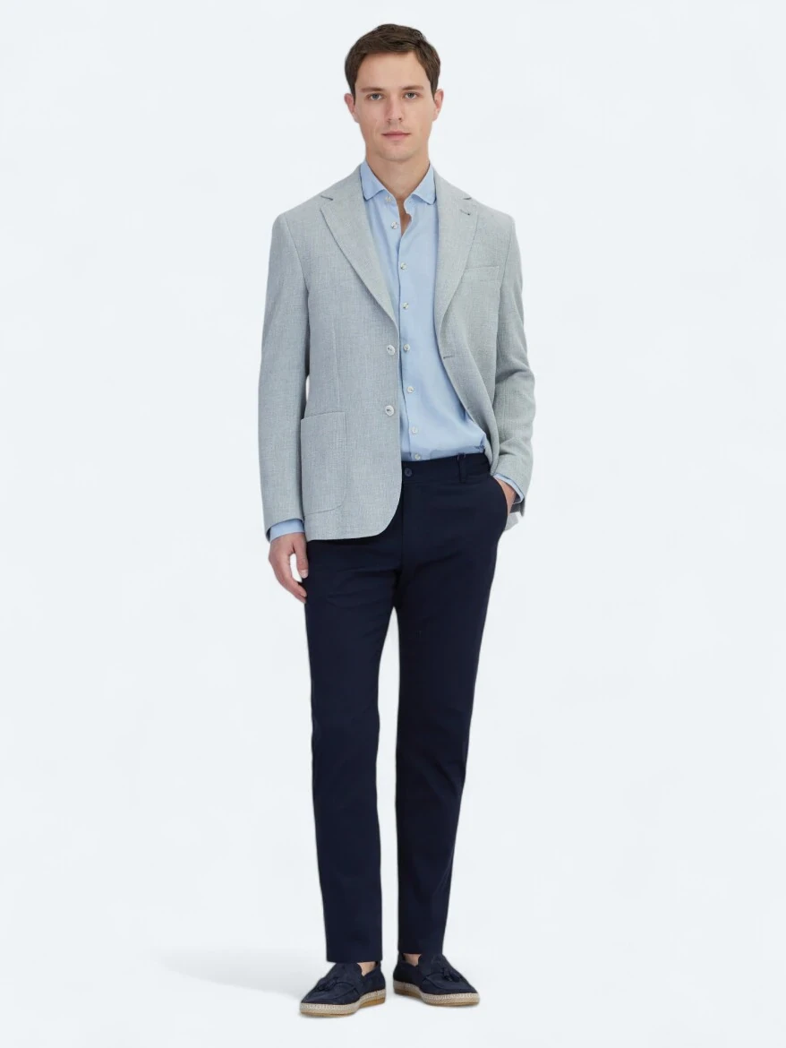 Navy Blue Weaving Casual Cotton Blended Trousers - 1